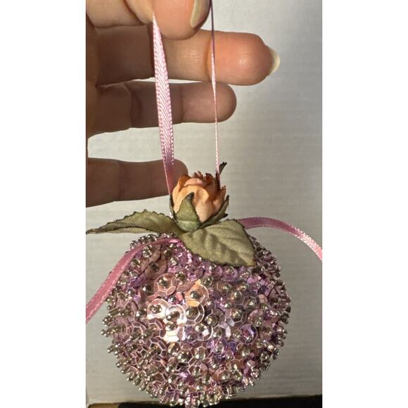 2” Vintage Pink Sequin Christmas Ball With Rose Embellishment - Picture 2 of 6